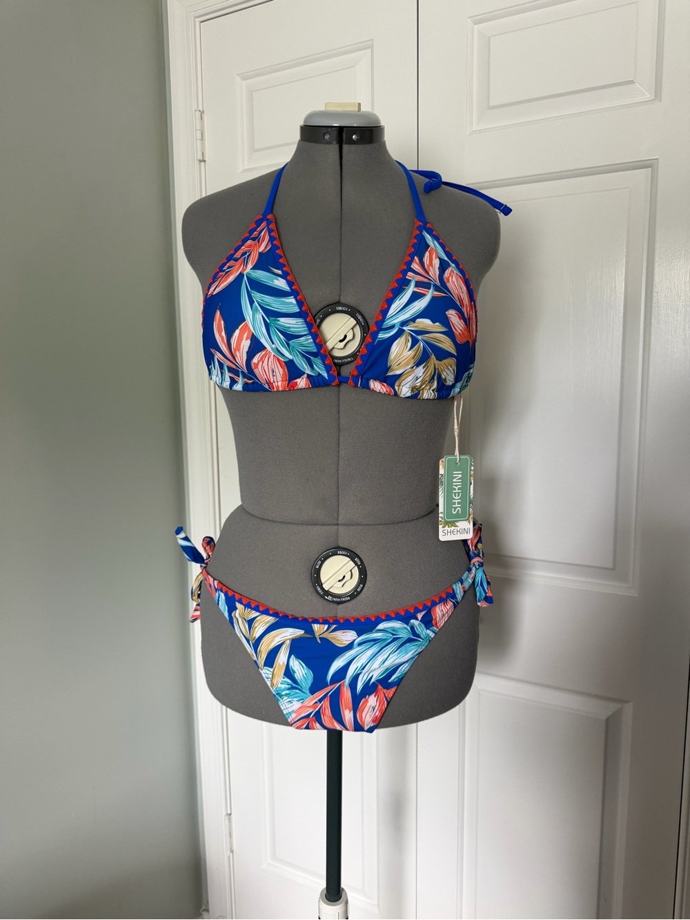 NWT Shekini Blue Tropical Leaf Tie Bikini M